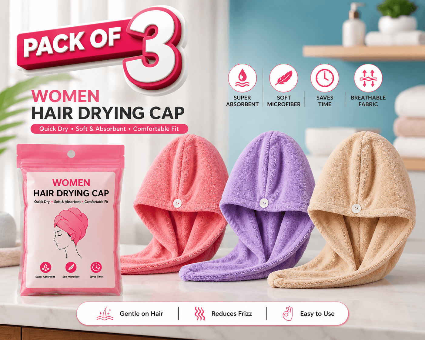 Women Hair Drying Cap (Pack of 3) — image 2
