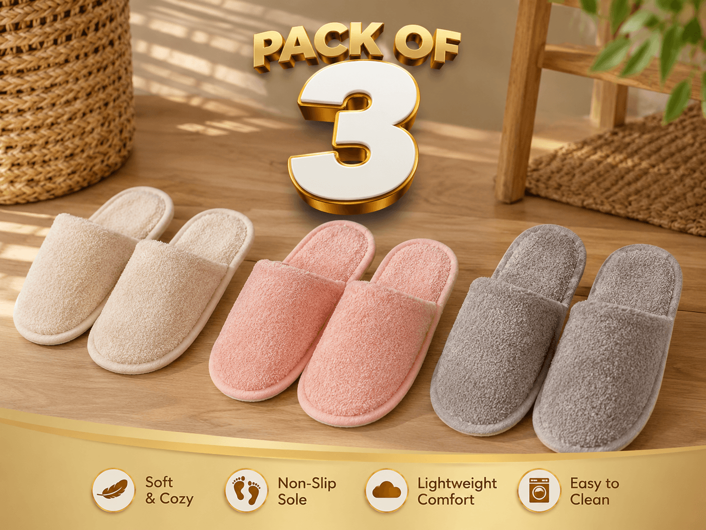 Bath Slippers (Pack of 3 Pairs)
